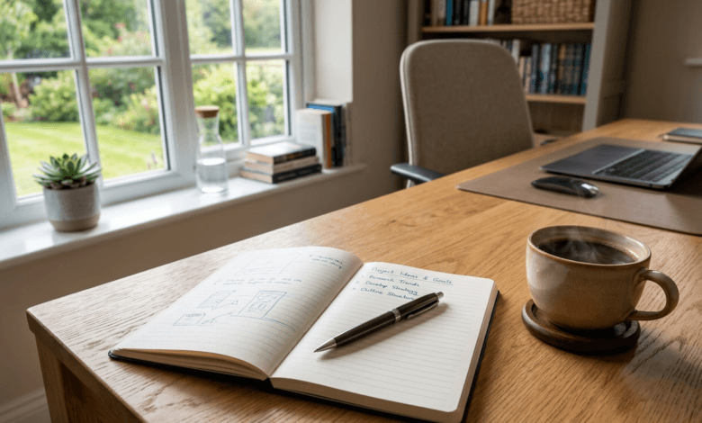 Open notebook with pen and coffee on a wooden office desk